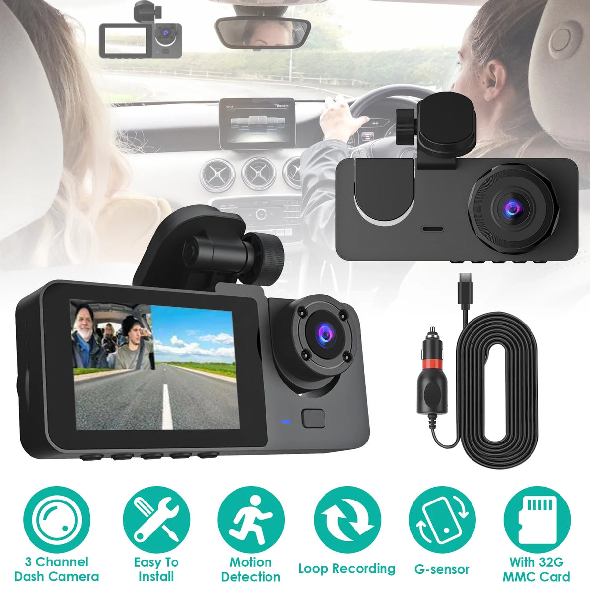Dash Cam 3 Channel Front, Cabin and Rear with 32GB Card
