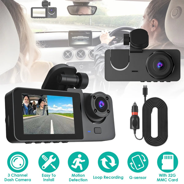 Dash Cam 3 Channel Front, Cabin and Rear with 32GB Card