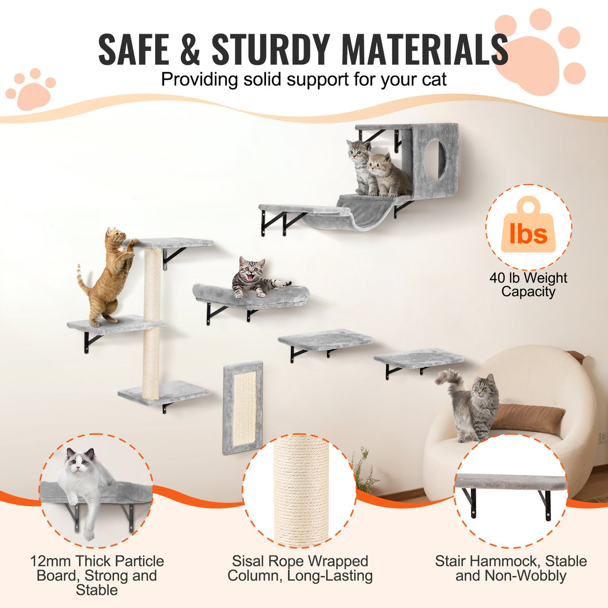 Wall Mounted Cat Shelf Set of 6 with Hammock and Sofa