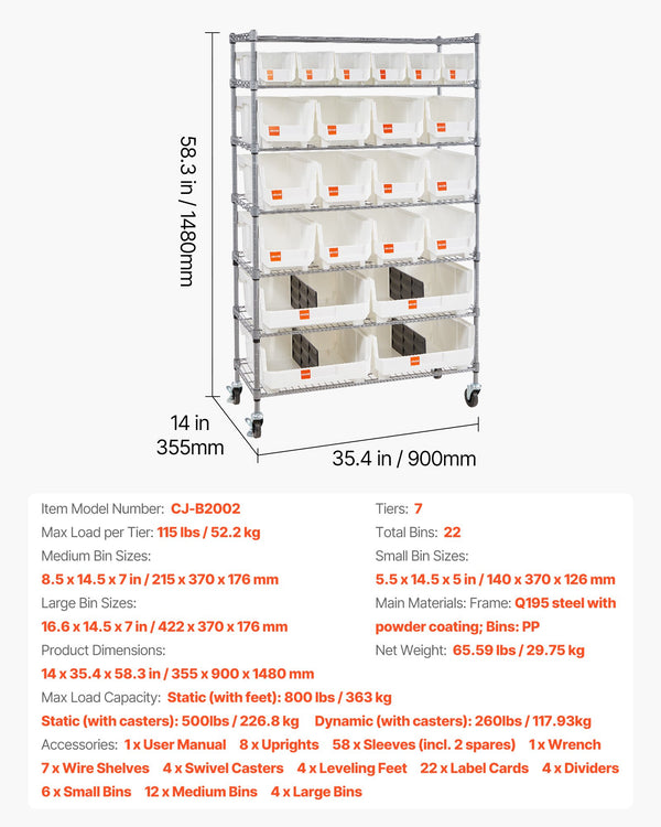 Rolling Bin Storage Rack 7-Tier with 22 Bins, 800 lb Steel Frame