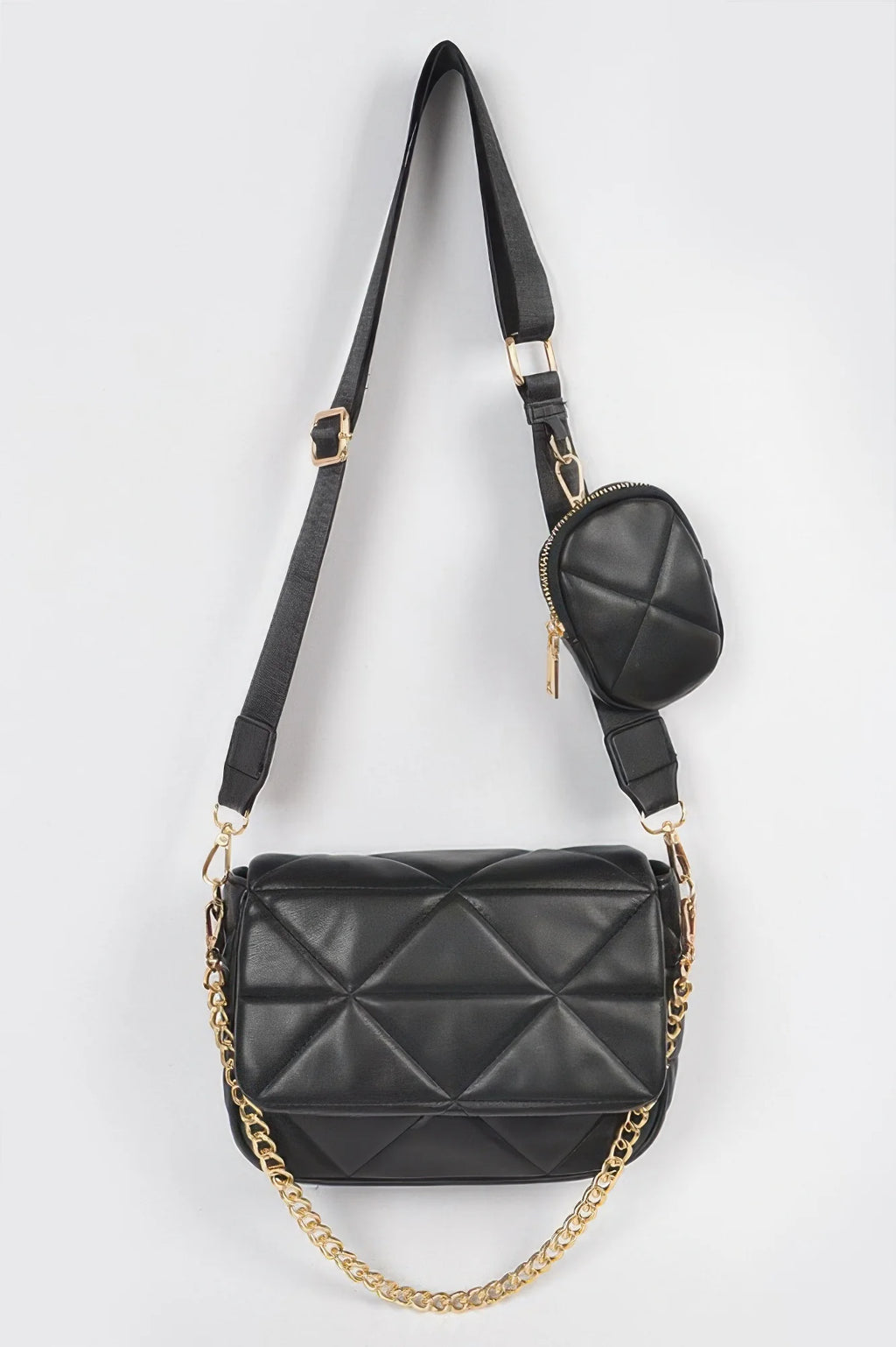 Quilted Crossbody Bag with Mini Pouch, Metal Accent Chain Strap