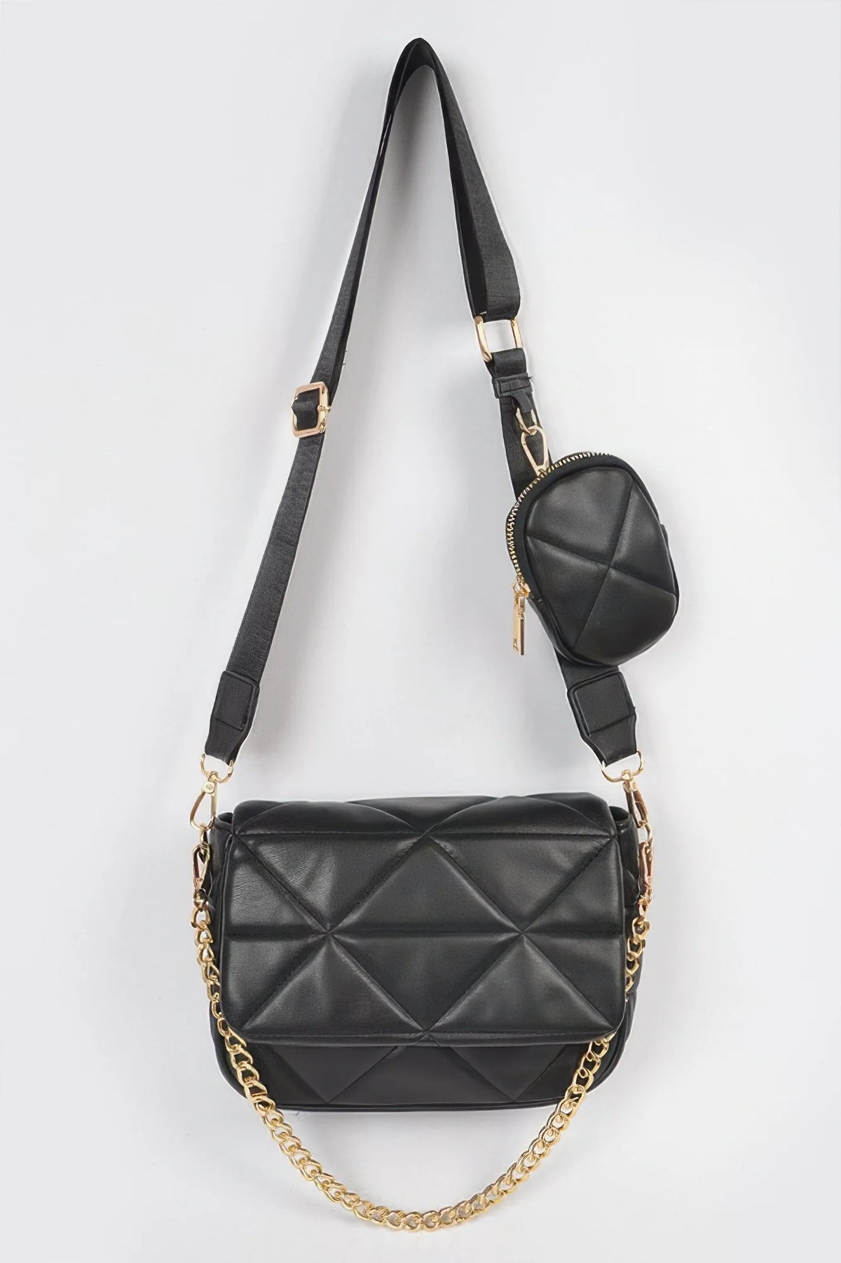 Quilted Crossbody Bag with Mini Pouch, Metal Accent Chain Strap