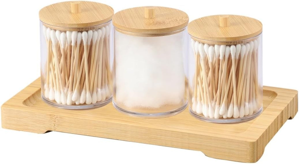 Cotton Swab Holder Set - 3 Acrylic Jars with Wood Tray – image 5