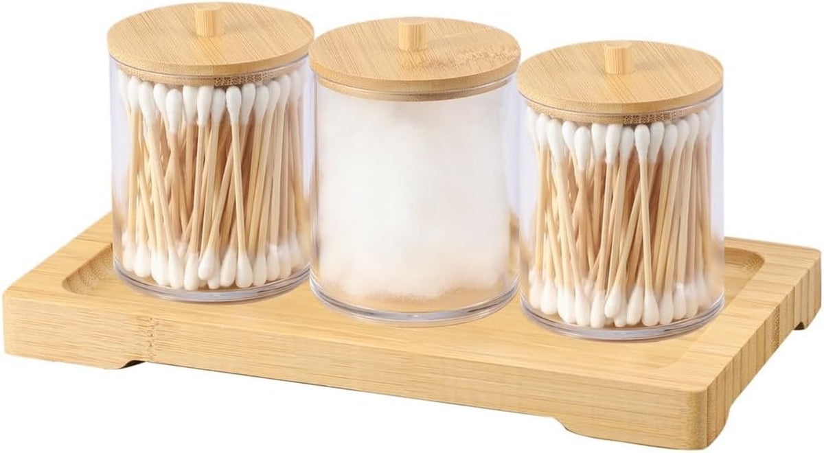 Cotton Swab Holder Set - 3 Acrylic Jars with Wood Tray – image 5