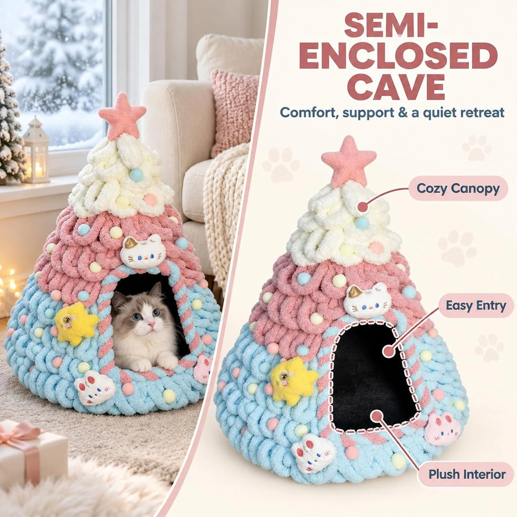 Cat Bed Cave, Christmas Tree Shape with Felt and Gauze, Pink – image 3