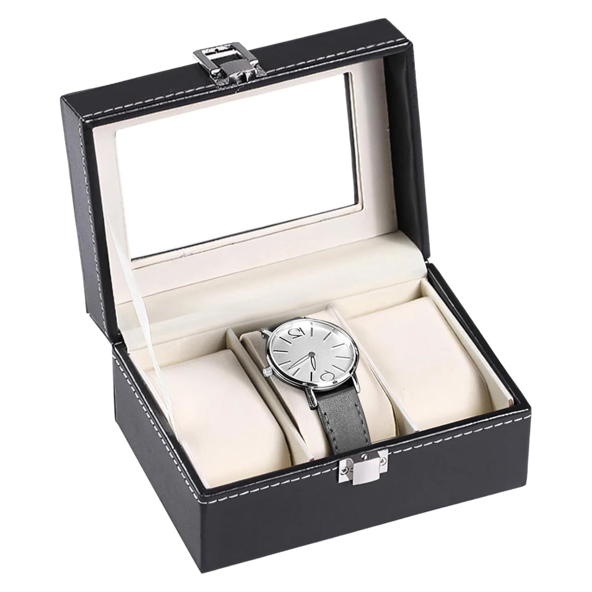 Watch Box Organizer, 3 Slots with Acrylic Window, Black PU Leather