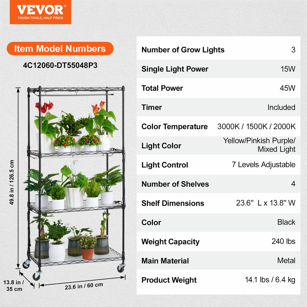 4-Tier Plant Stand with 45W Grow Light, Timer and Wheels – image 8