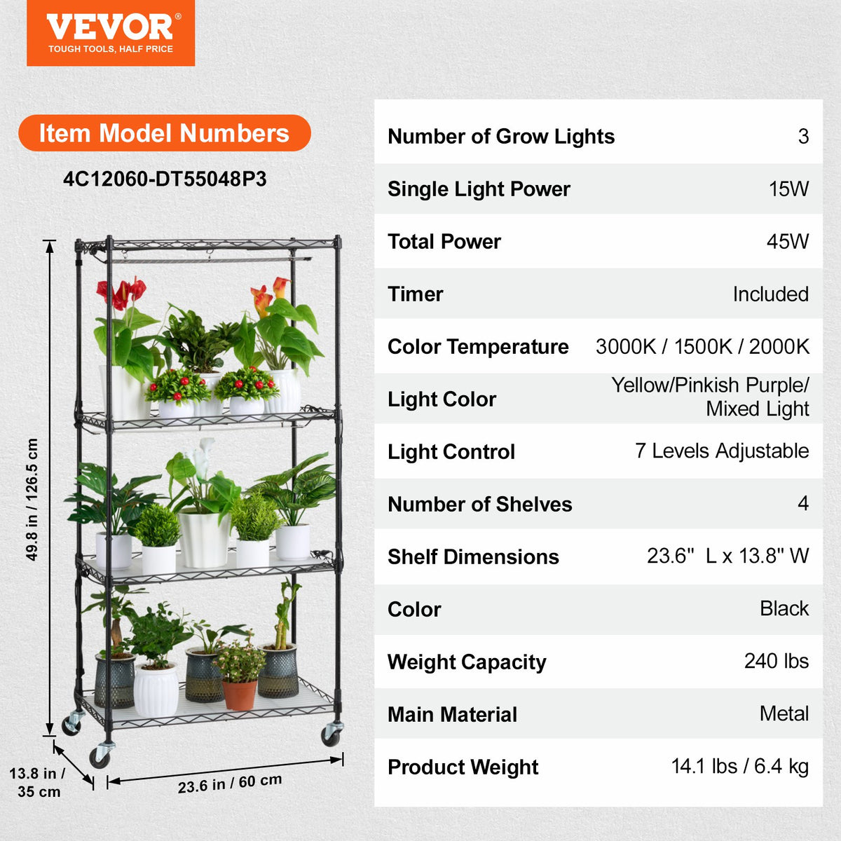 4-Tier Plant Stand with 45W Grow Light, Timer and Wheels – image 8