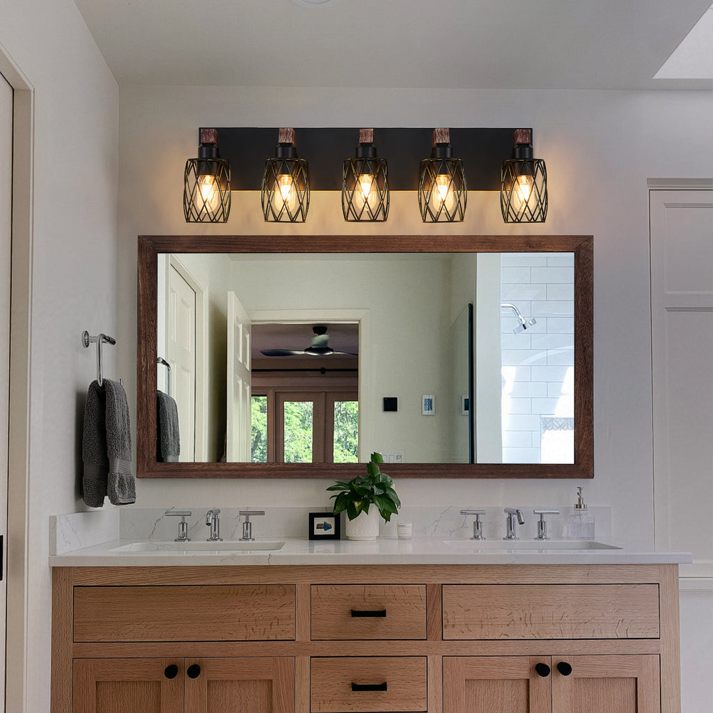 31 Inch Industrial 5-Light Cage Vanity Light, Black & Walnut