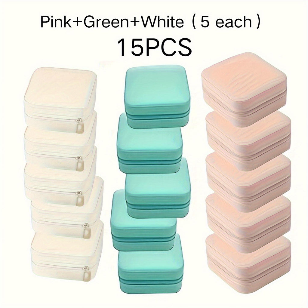 Mini Travel Jewelry Box Set of 15, PU Leather, Pink Green White – image 14