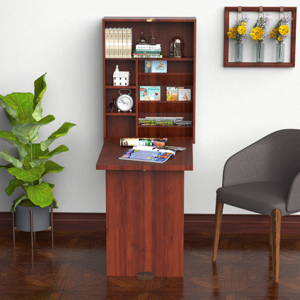 Fold-Out Wall Mounted Desk with Adjustable Shelves, Mahogany – image 2
