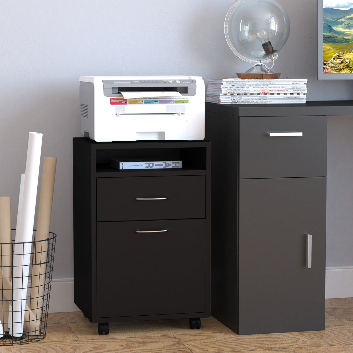 Rolling Printer Stand with 2 Drawers and Storage Cabinet, Black – image 2