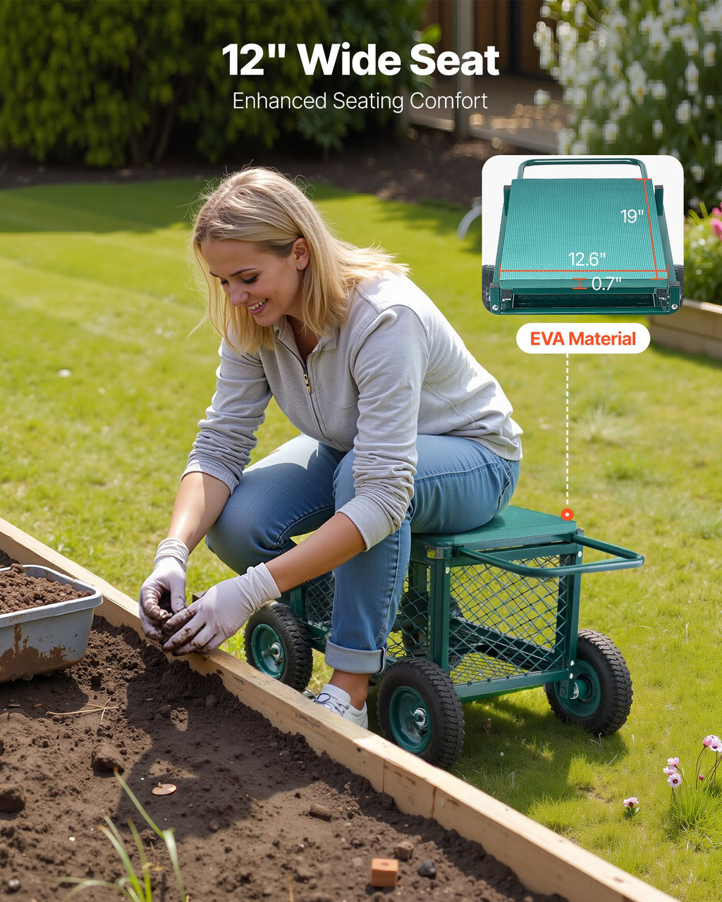 Garden Seat Cart, Rolling with Storage Basket and Wheels – image 5