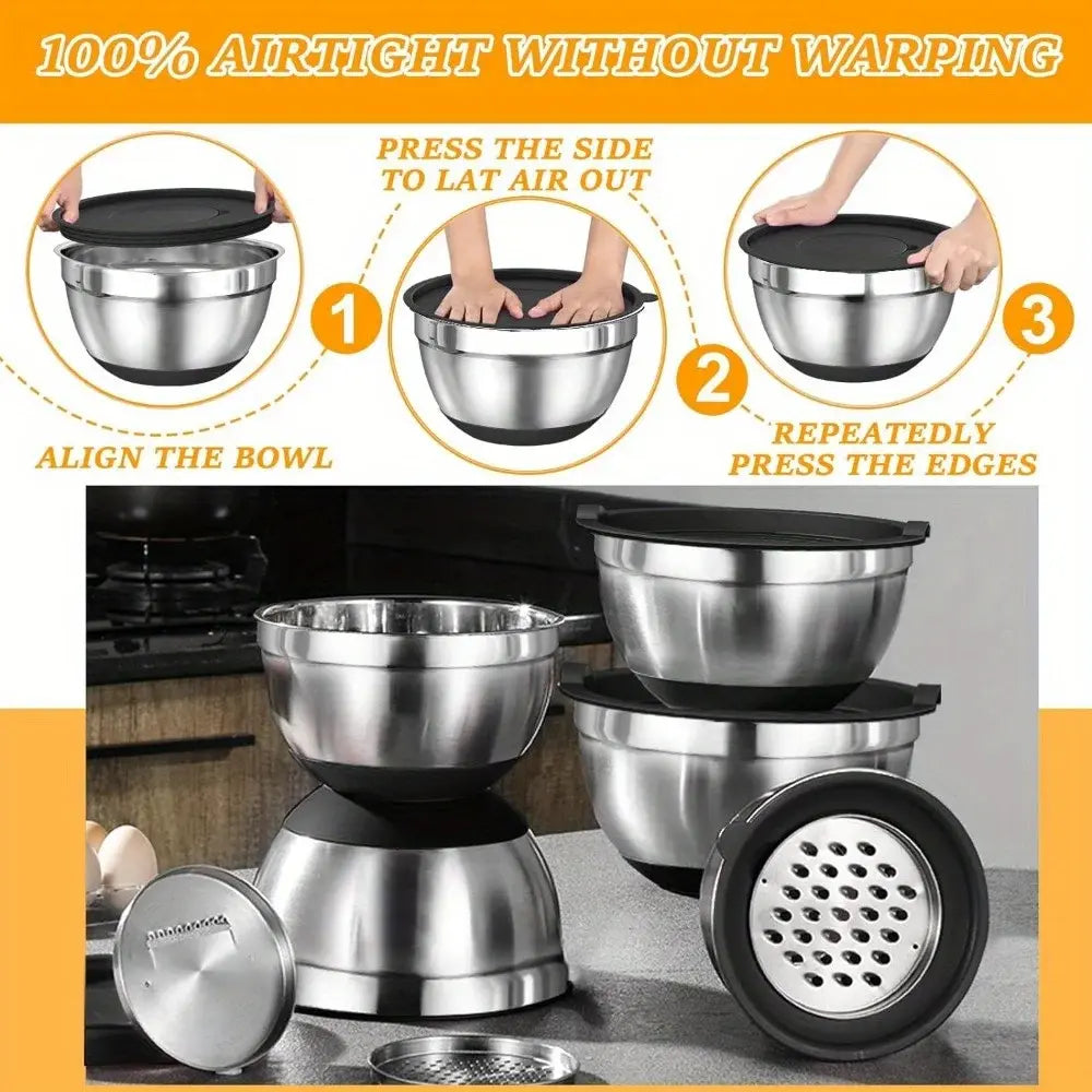 Mixing Bowl Set 17-Piece Stainless Steel with Lids & Graters – image 3