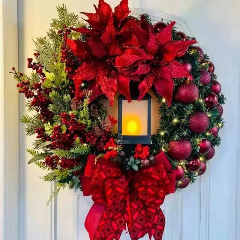 Christmas Lantern Wreath with Large Bow, 12 Inch Front Door Decor