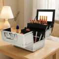 Aluminum Makeup Train Case with Mirror and Fold-Out Trays, Silver