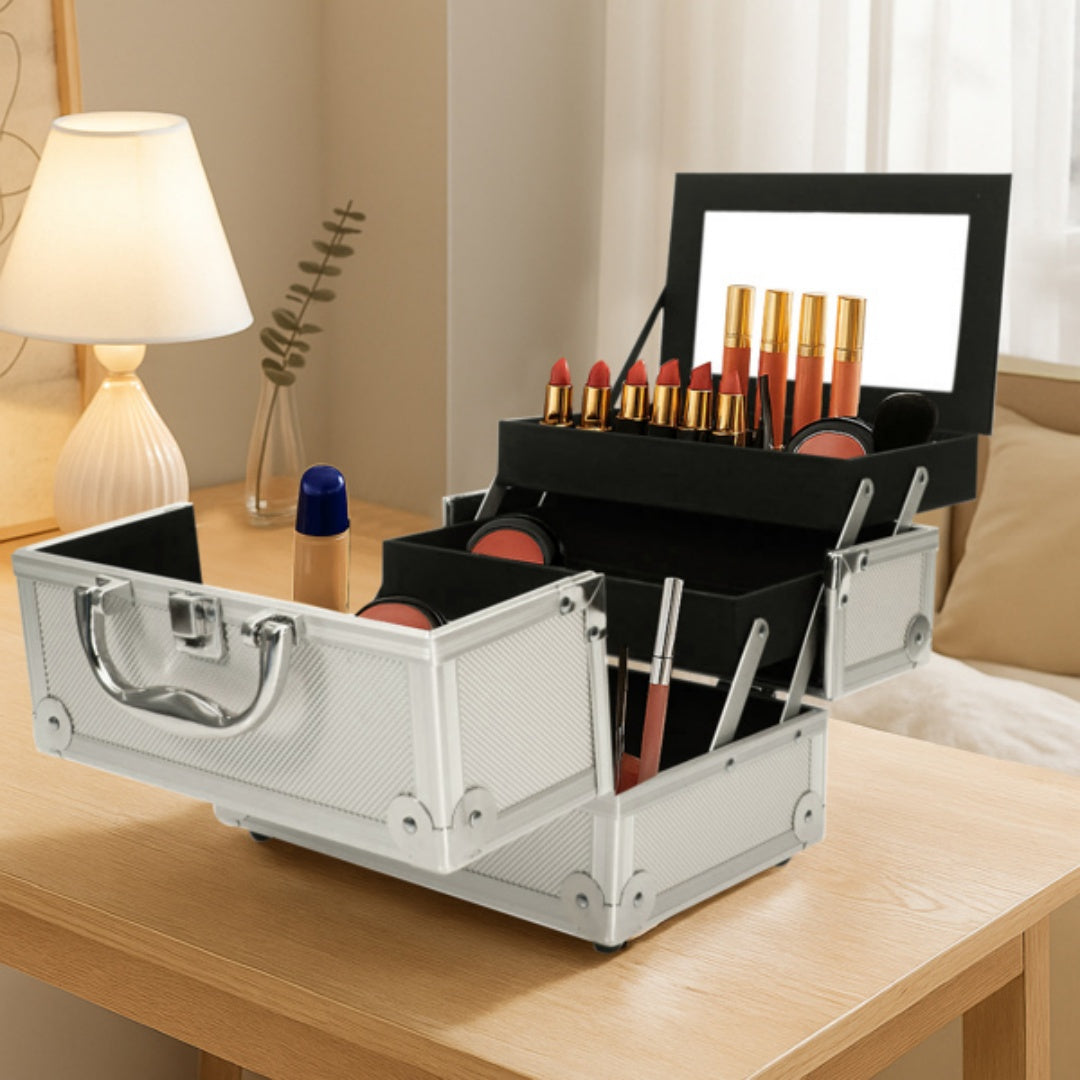 Aluminum Makeup Train Case with Mirror and Fold-Out Trays, Silver