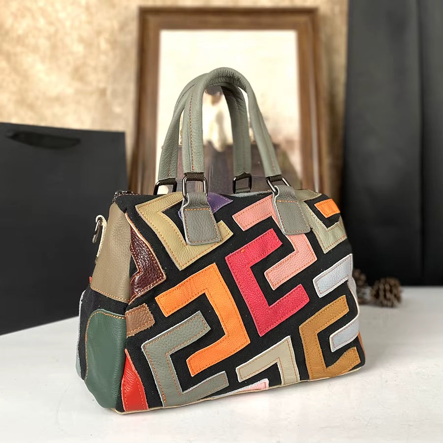 Genuine Leather Tote Crossbody Bag, Colorblock Cowhide Handbag for Women – image 5