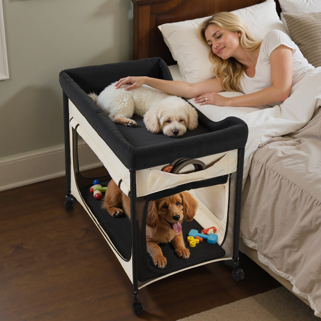 Bunk Dog Bed, Elevated Two-Level Pet Lounge with Wheels, XL Beige