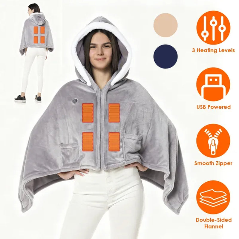 Wearable Heated Blanket Hoodie, USB Powered Flannel with 3 Heat Levels