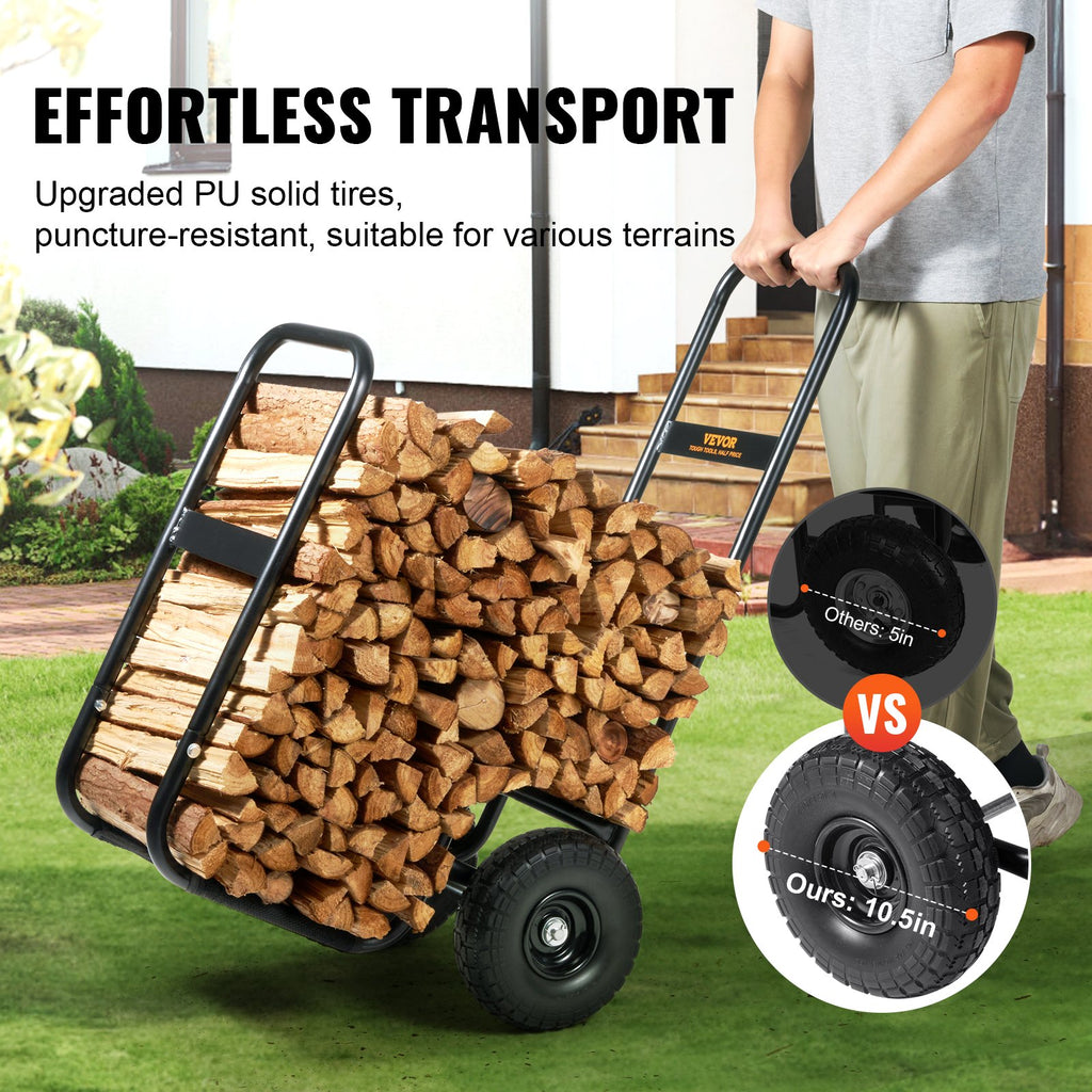 Firewood Log Cart, 250 Lbs Capacity, Outdoor and Indoor Wood Rack Storage Mover with PU Wheels Waterproof Cloth, Heavy Duty Steel Dolly Hauler, Firewood Carrier for Fireplace, Fire Pit, Black