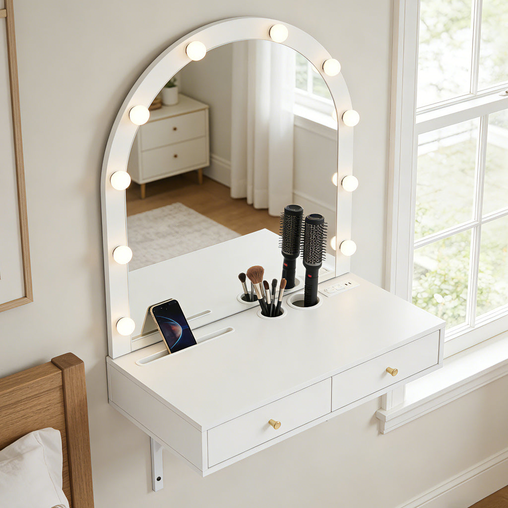 Floating Wall Makeup Vanity with Lighted Mirror and Power Outlets – image 3
