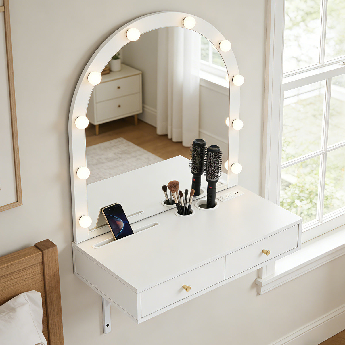 Floating Wall Makeup Vanity with Lighted Mirror and Power Outlets – image 3