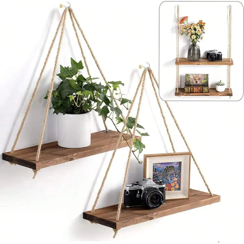 Rope Hanging Shelf Wooden Swing Wall Shelf for Plants