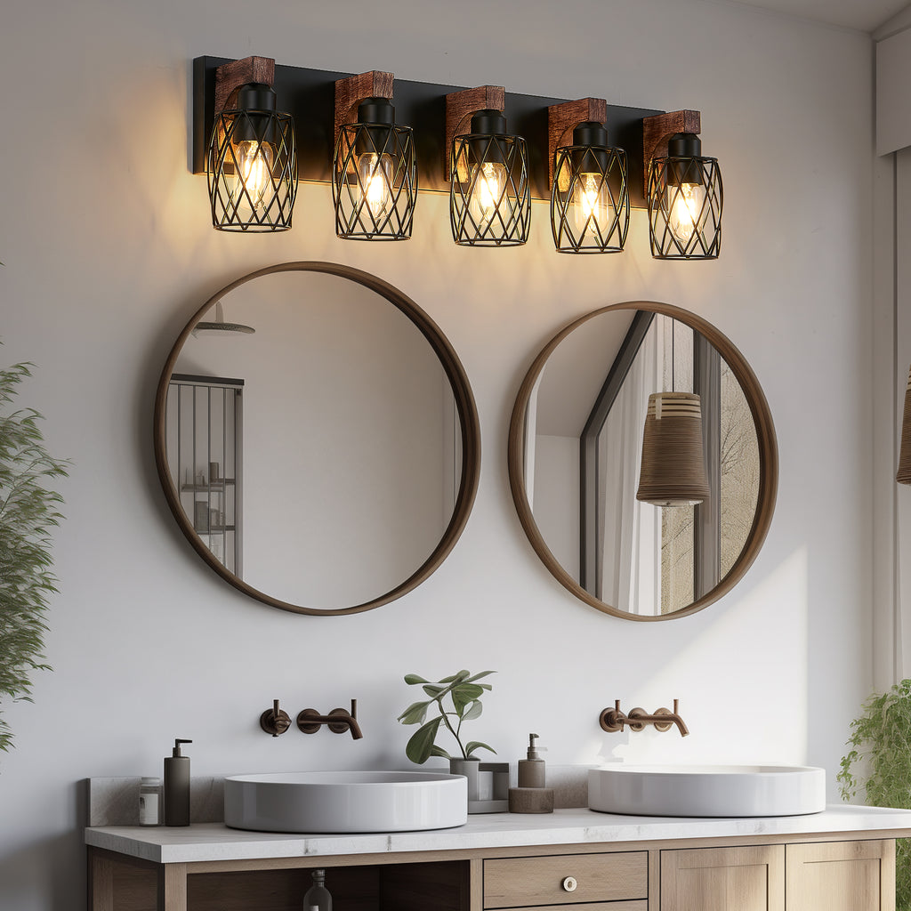 31 Inch Industrial 5-Light Cage Vanity Light, Black & Walnut