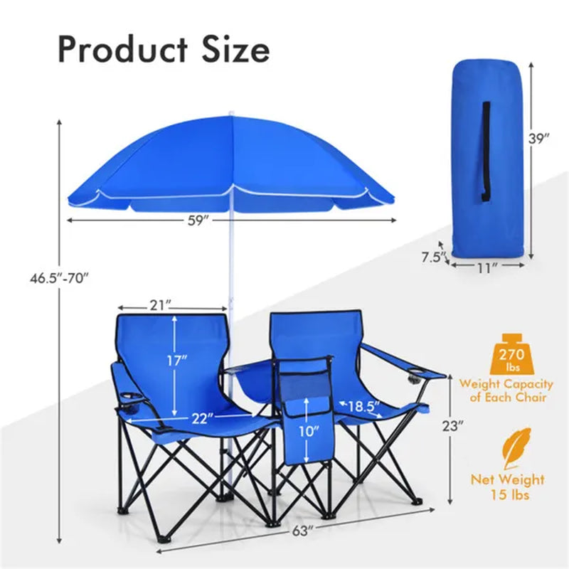 Double Folding Camping Chair with Umbrella and Cooler Bag – image 4