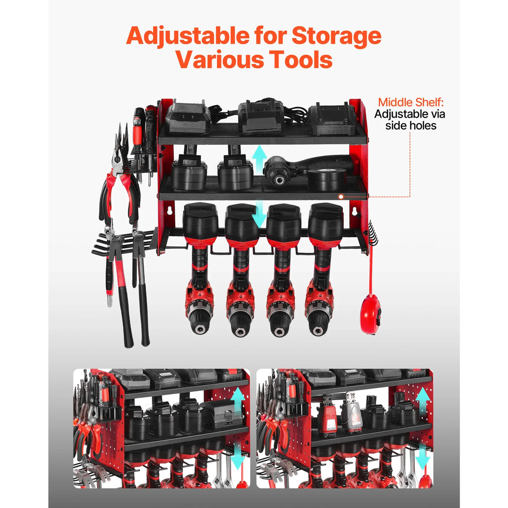 Power Tool Organizer Wall Mount, 3-Tier Drill Rack with Pegboard Sides – image 3