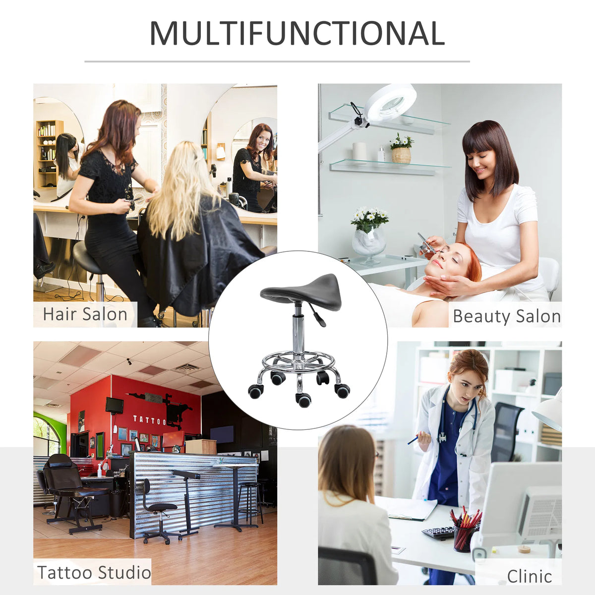 Black Saddle Stool Rolling Salon Chair with Adjustable Height – image 7