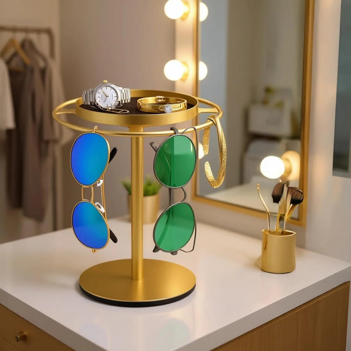 Sunglasses Organizer Rotating Stand, Gold Metal with Jewelry Tray – image 4