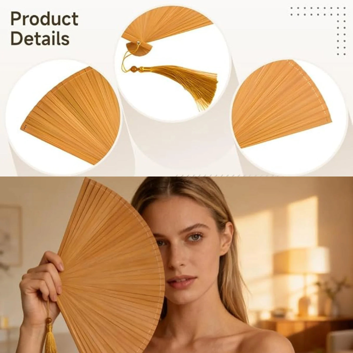 Wooden Folding Hand Fan with Tassel – image 5