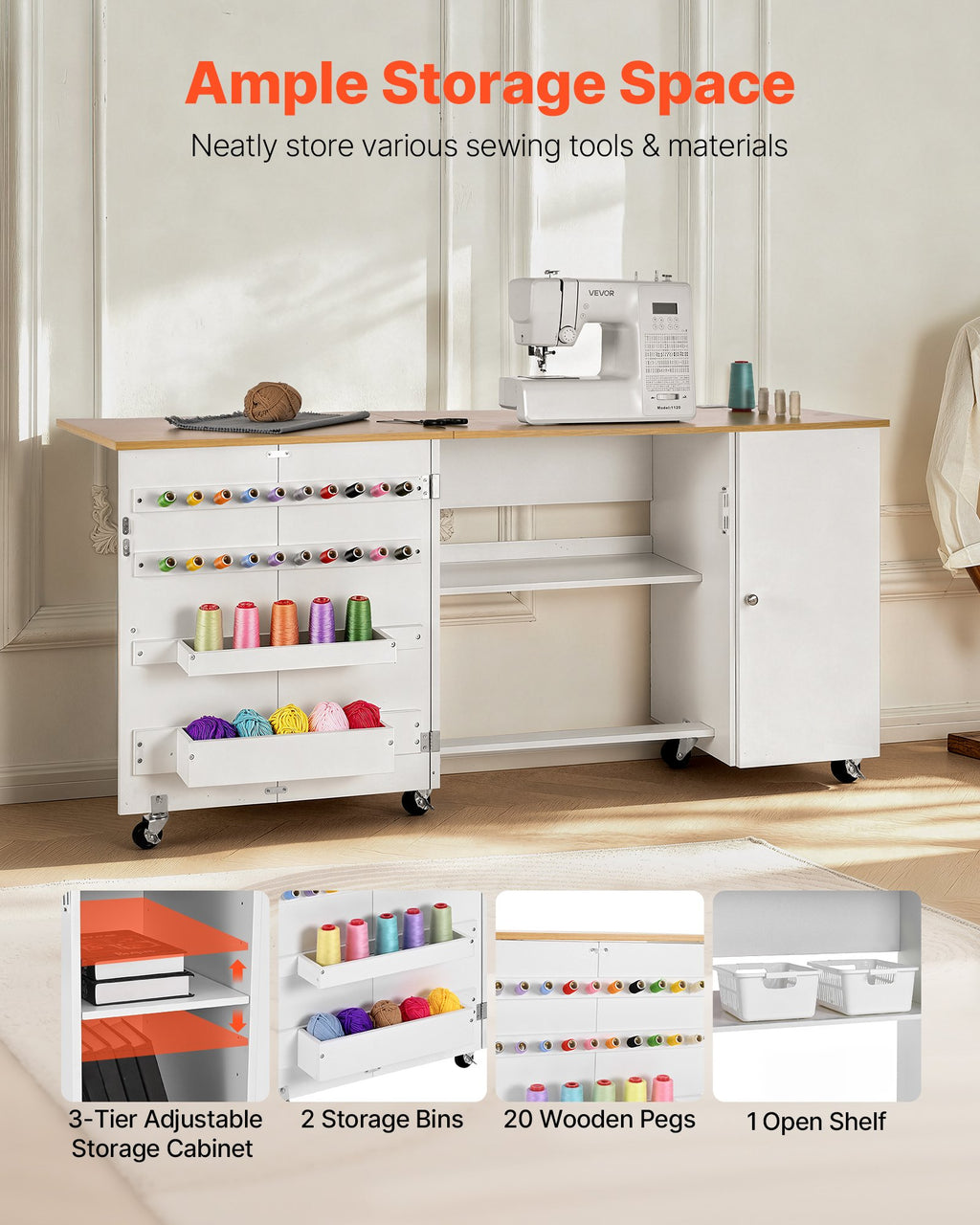 Folding Sewing Table with Cabinet, Spool Pegs, Bins and Locking Wheels – image 2