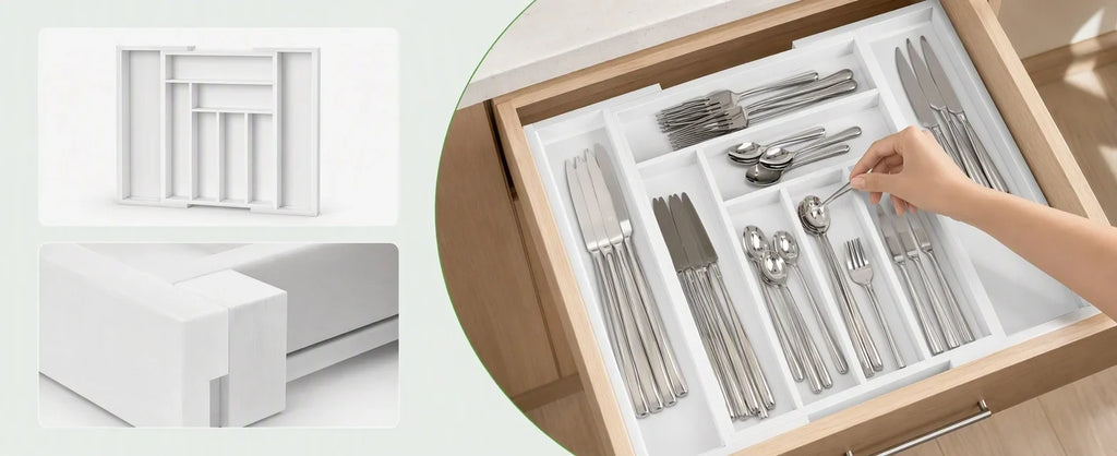 Bamboo Drawer Organizer, Expandable 6-8 Compartment Utensil Tray – image 8