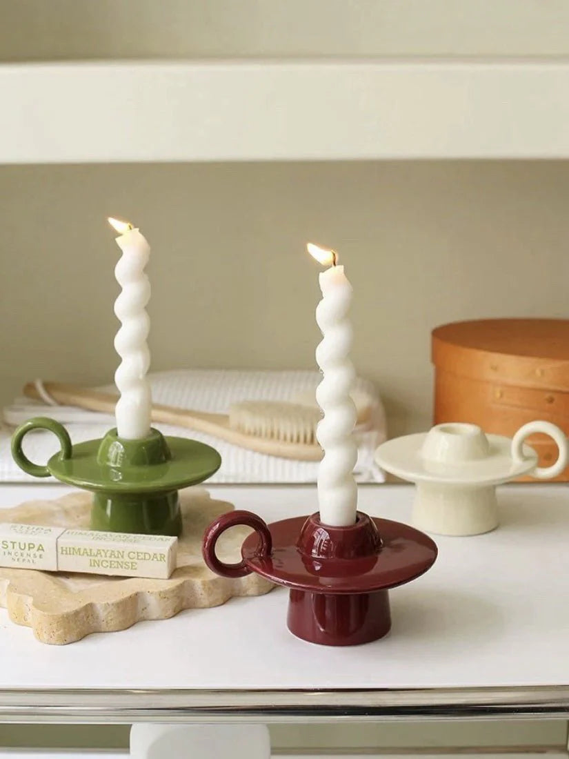 Retro Ceramic Candle Holder with Ring Handle, Handmade