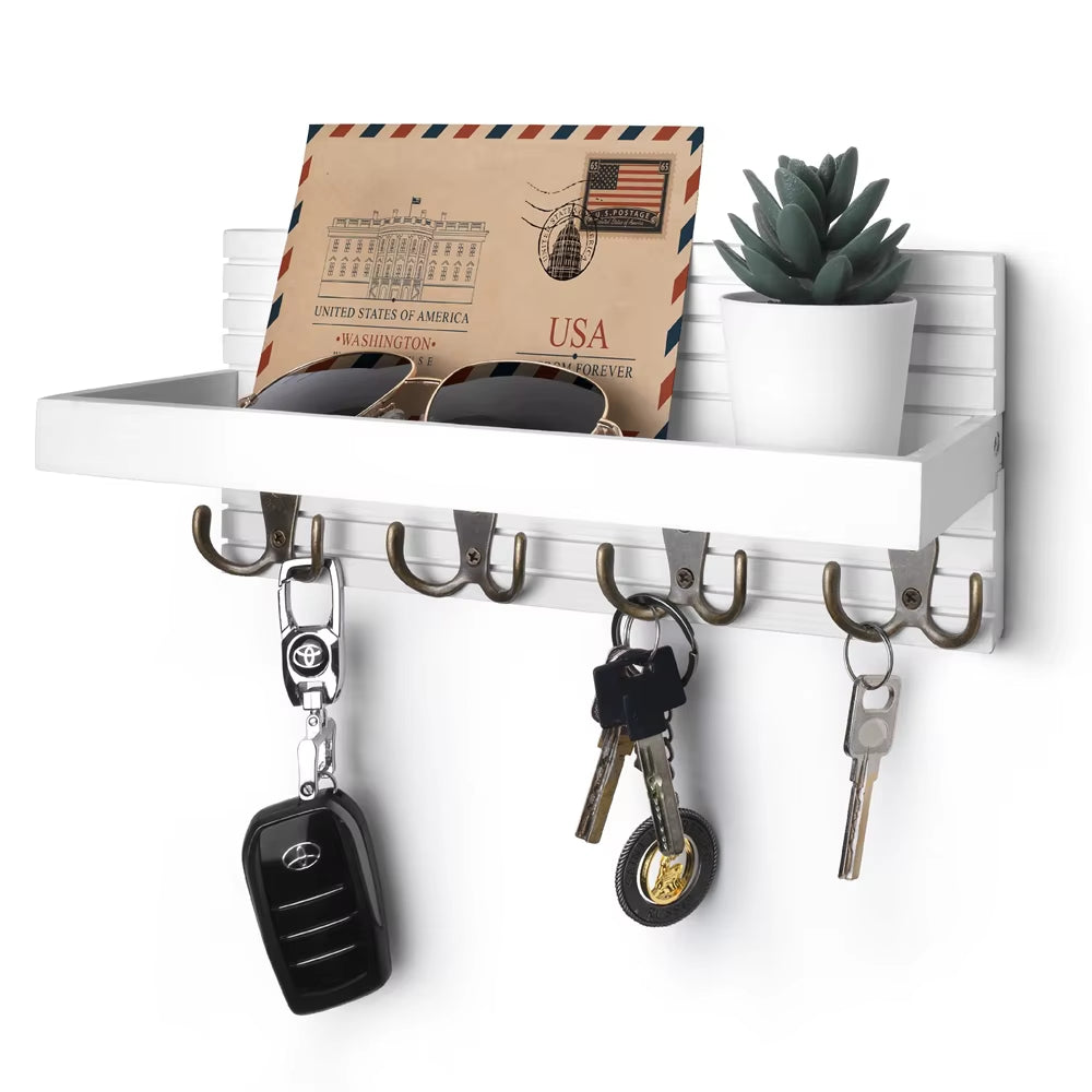 Key Holder with Mail Organizer – Wooden Wall Rack, 4 Hooks