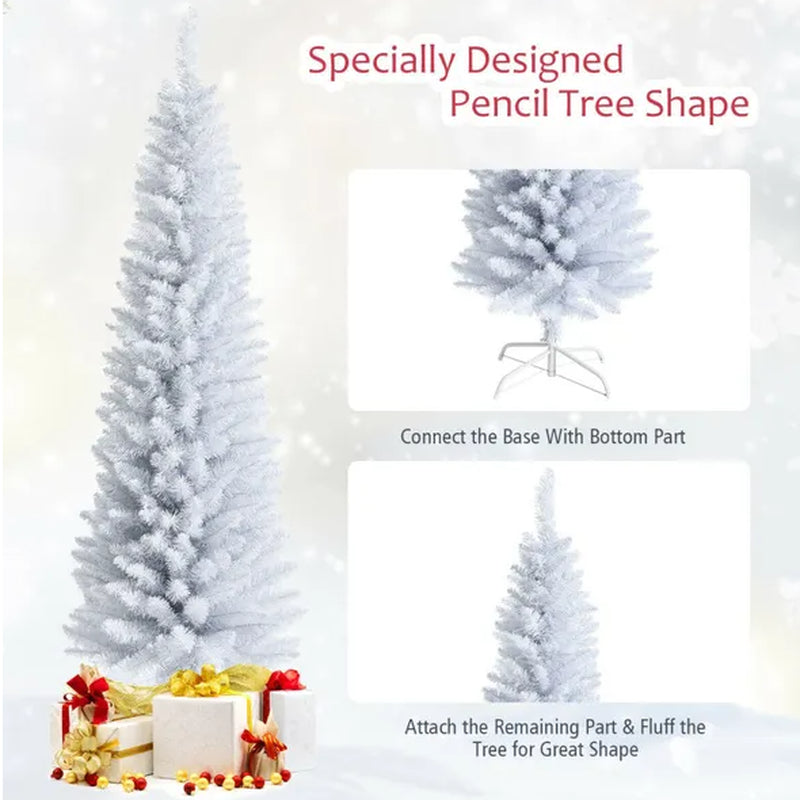 Christmas Tree, 6 Ft White Slim Pencil, Unlit with Metal Stand – image 6