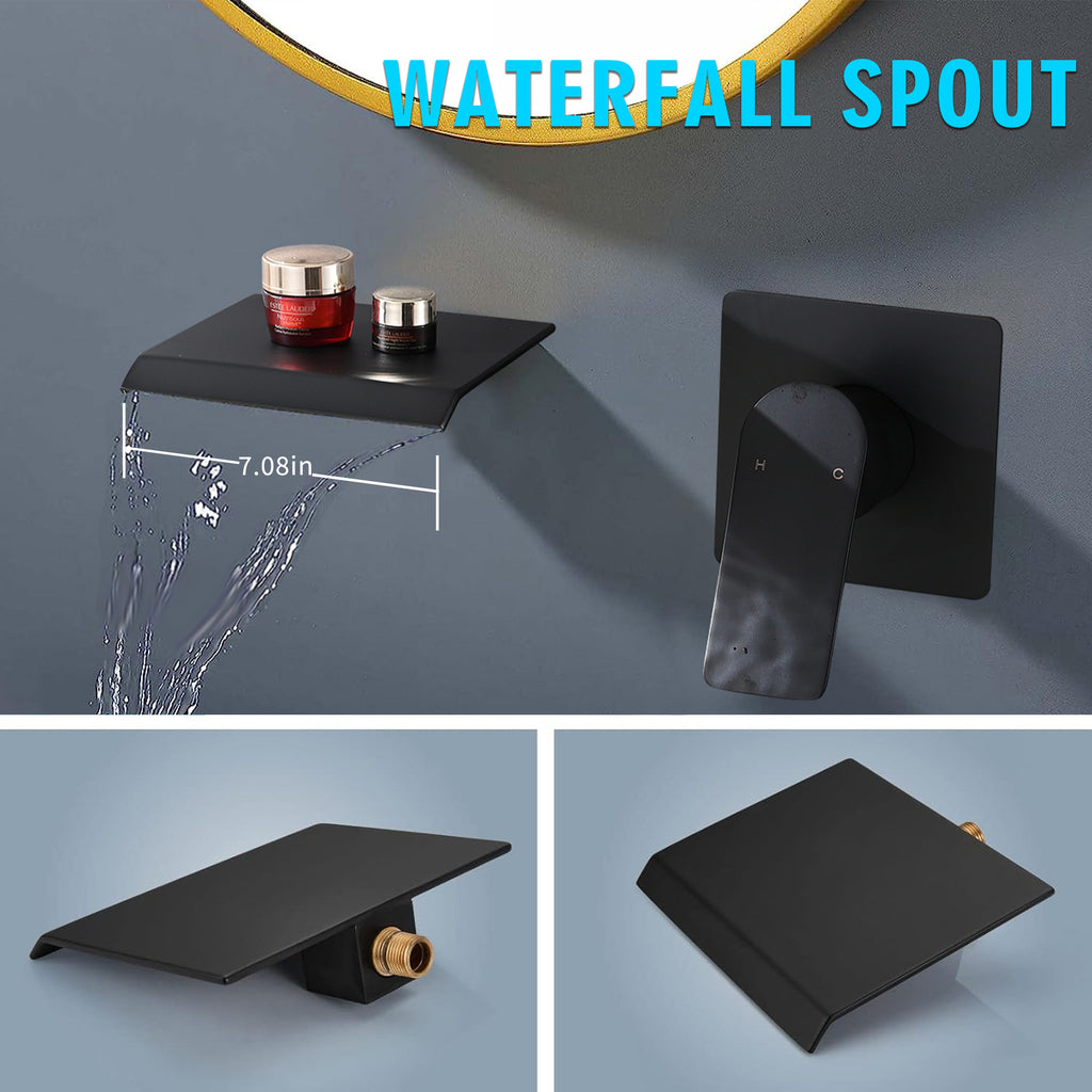 Wall Mount Waterfall Faucet with Rough-In Valve, Matte Black – image 5