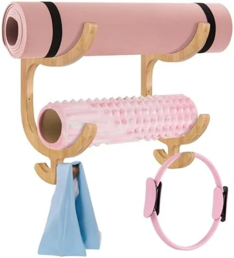 Yoga Mat Holder, Wooden Wall Rack with 4 Hooks