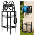 Freestanding Garden Hose Reel, Holds 125 Feet of 5/8-Inch Hose, Wall Mount or Ground Mount, Detachable Holder Stand with Storage Rack, 5 Ft Leader Hose, Brass Fitting, 4 Spikes, for Backyards