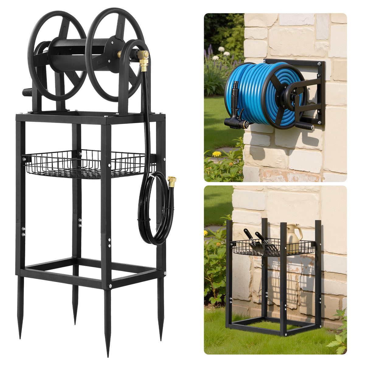 Freestanding Garden Hose Reel, Holds 125 Feet of 5/8-Inch Hose, Wall Mount or Ground Mount, Detachable Holder Stand with Storage Rack, 5 Ft Leader Hose, Brass Fitting, 4 Spikes, for Backyards