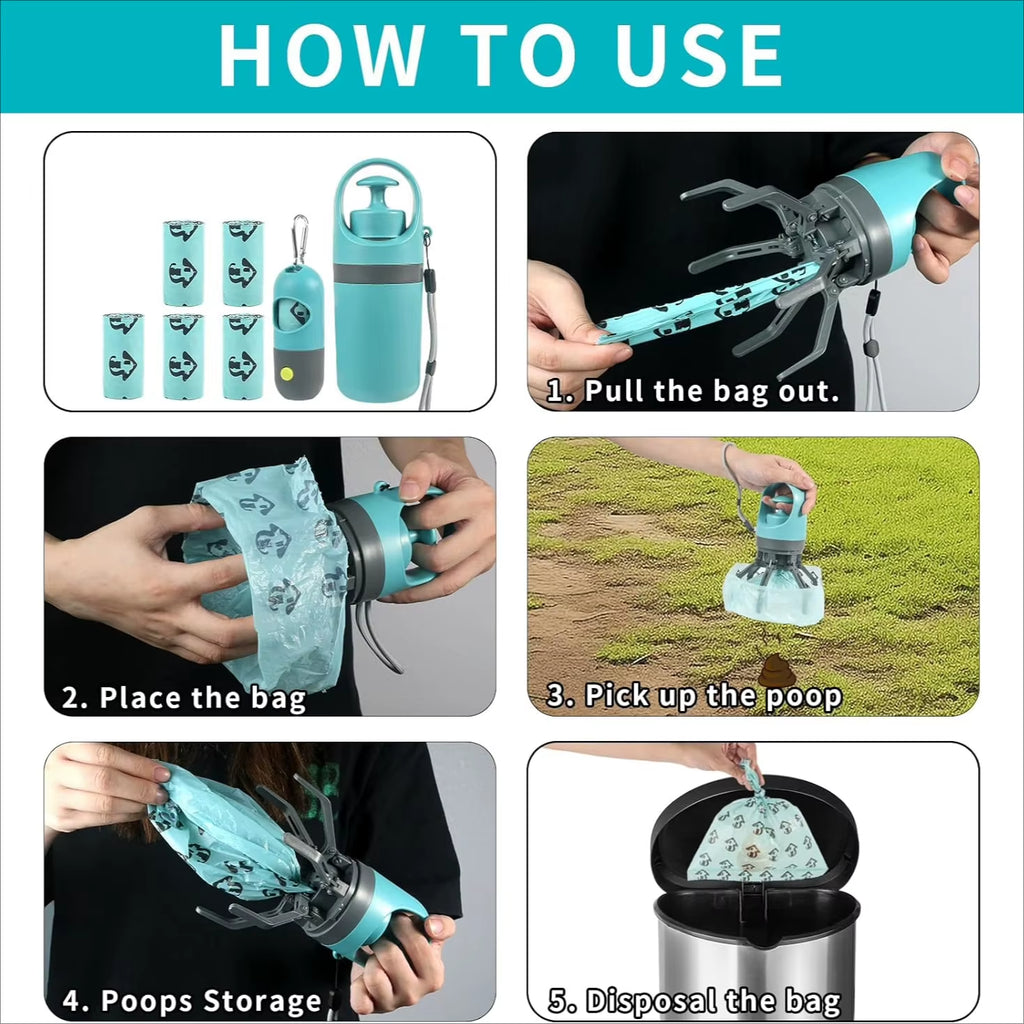 Dog Poop Scooper with LED Light - Claw Waste Picker with Bag Dispenser & Leash Clip