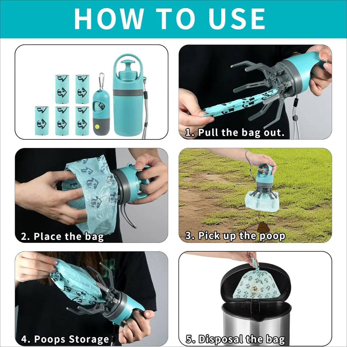 Dog Poop Scooper with LED Light - Claw Waste Picker with Bag Dispenser & Leash Clip