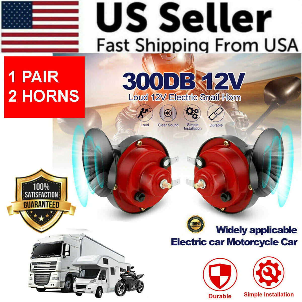 Car Air Horn, 12V Loud Electric Horn, 2-Pack