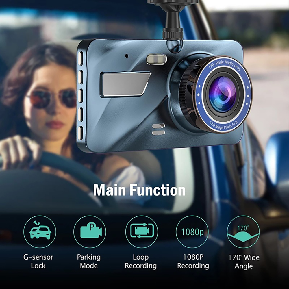 Dash Cam Front and Rear – 4 in Screen, 1296P, Night Vision, G-Sensor