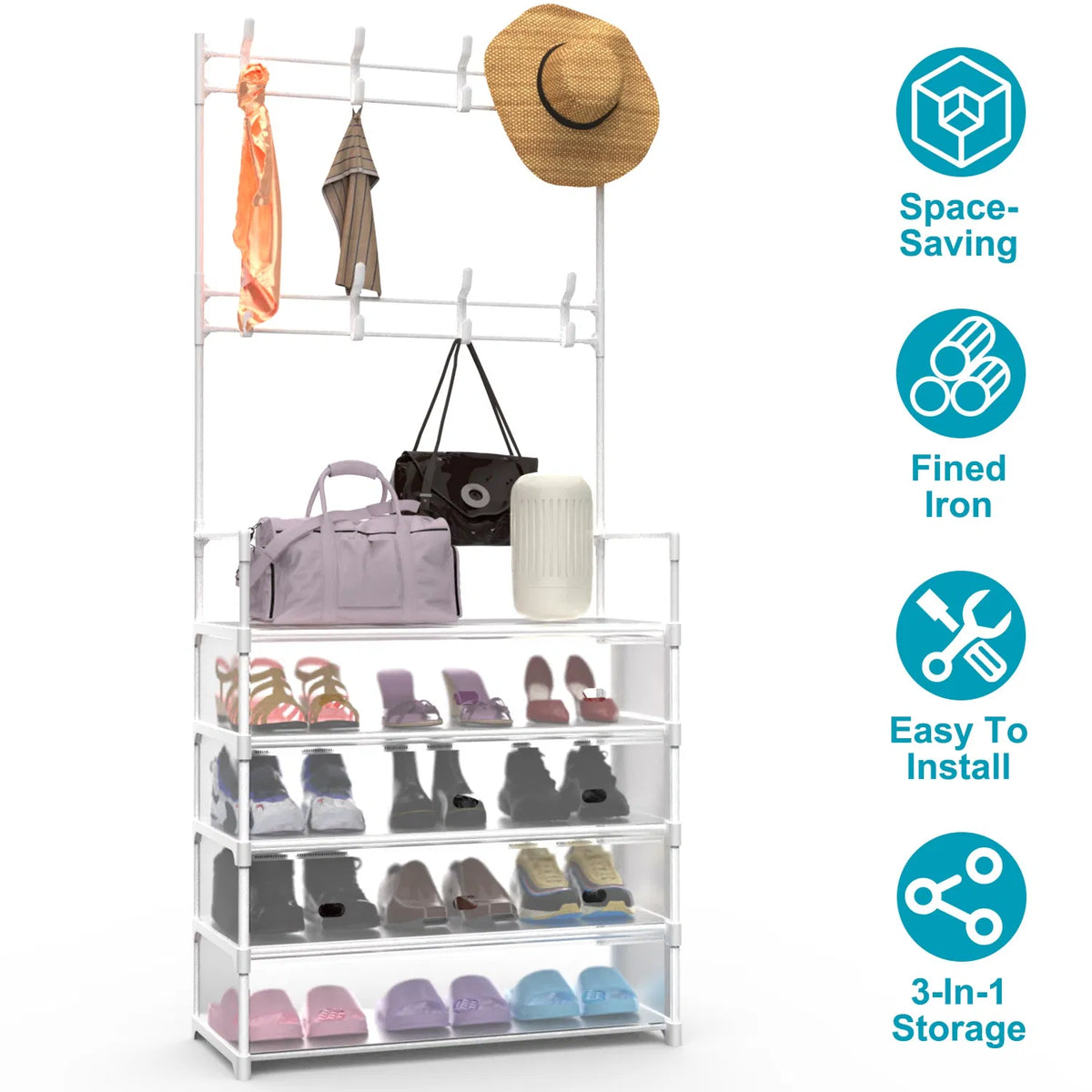 Shoe Rack with Coat Hooks, 5-Tier Dustproof Entryway Hall Tree – image 4