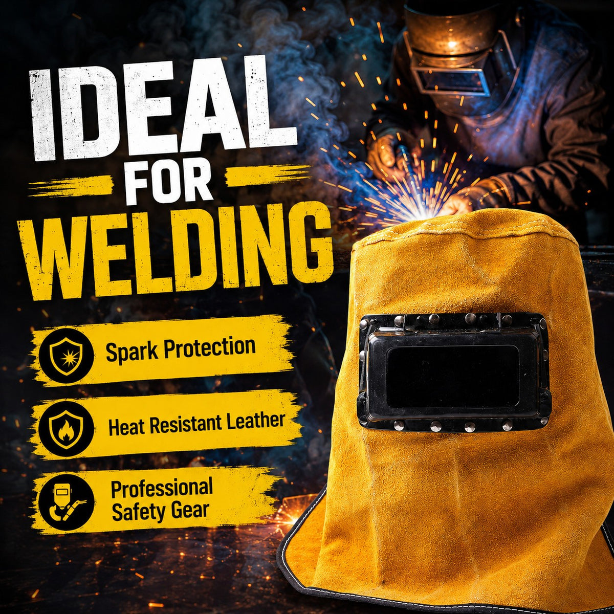 Leather Welding Hood with Lens, Sweat-Absorbent Welder Cap