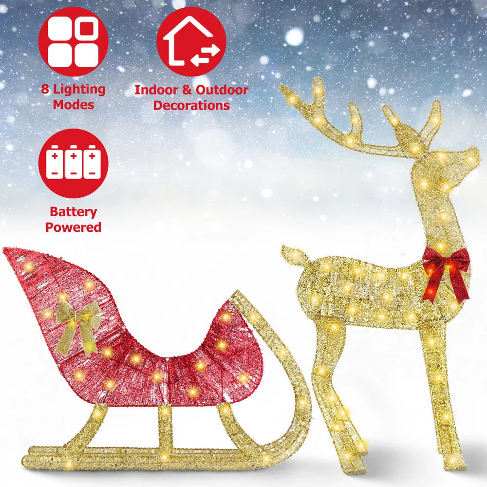 Lighted Reindeer and Sleigh Christmas Yard Decoration, 8 Modes – image 1